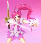  crossover cure_blossom hanasaki_tsubomi heartcatch_precure! magical_girl open_mouth ot_(gal01) parody pink_eyes pink_hair ponytail precure samurai_sentai_shinkenger solo super_sentai sword weapon 
