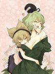  bad_id bad_pixiv_id bare_shoulders blush breasts brown_eyes brown_hair cleavage closed_eyes dress earmuffs flower green_dress green_hair hand_on_another's_face hat heart large_breasts licking multiple_girls off_shoulder one_eye_closed open_mouth short_hair soga_no_tojiko tate_eboshi tongue touhou toyosatomimi_no_miko urin yuri 