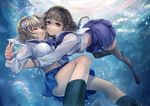  :o braid brown_eyes brown_hair bubble flower foreshortening hair_flower hair_ornament hanasaku_iroha highres hug j.lili matsumae_ohana midriff multiple_girls oshimizu_nako school_uniform see-through thighhighs underwater wince 