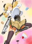  blonde_hair blurry blush boots bouncing_breasts breasts candy corset depth_of_field drill_hair dual_wielding elbow_gloves fingerless_gloves food gloves gun hair_ornament hat holding huge_breasts kawanuma_uotsuri long_hair magical_girl magical_musket mahou_shoujo_madoka_magica one_eye_closed panties pantyshot pose red_eyes rifle skirt smile solo thighhighs tomoe_mami twin_drills twintails underwear weapon white_panties yellow_eyes 