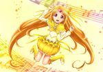  bad_id bad_pixiv_id beamed_eighth_notes boots bow bubble_skirt chikuyama choker circlet cure_muse_(yellow) dress eighth_note eighth_rest eyelashes flat_sign jumping knee_boots long_hair magical_girl musical_note precure shirabe_ako skirt solo staff_(music) suite_precure treble_clef yellow yellow_background yellow_bow yellow_choker yellow_skirt 