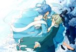  blue_eyes blue_hair dress green_dress green_hair hand_on_another's_cheek hand_on_another's_face hat kaku_seiga multiple_girls sakuraba_yuuki shawl short_hair soga_no_tojiko touhou 