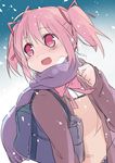  bad_id bad_pixiv_id bag bookbag bow hair_ribbon jacket kaname_madoka mahou_shoujo_madoka_magica mizuki_(koko_lost) open_mouth pink_eyes pink_hair ribbon scarf school_uniform snow solo twintails 