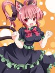  alternate_hairstyle animal_ears bad_id bad_pixiv_id bow breasts cat_ears cat_tail dress fang hair_bow highres kaenbyou_rin kuromari_(runia) medium_breasts multiple_tails open_mouth pink_eyes pink_hair red_eyes solo tail touhou twintails 