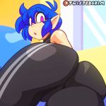  animated blue_hair butt elf emi_(character) female hair humanoid loop mammal not_furry pointy_ears presenting presenting_hindquarters solo twistedgrimtv yoga_pants 