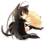  ahoge animal_ears black_hair black_legwear bread cape cat_ears cat_tail chibi eating food food_on_face from_behind kemonomimi_mode long_hair looking_back melon_bread shakugan_no_shana shana simple_background solo tachitsu_teto tail thighhighs white_background yellow_eyes 