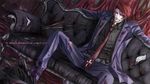  black_battler blood couch cross dark_persona english formal highres injury kaoru male_focus necktie ougon_musou_kyoku purple red_eyes red_hair shoes sitting smile solo suit torn_clothes umineko_no_naku_koro_ni ushiromiya_battler 