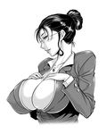  blush breast_suppress breasts center_opening cleavage copyright_request covered_nipples embarrassed formal glasses greyscale huge_breasts jewelry looking_at_viewer monochrome musashino_sekai necklace no_bra office_lady solo suit 