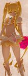  blonde_hair boots cure_sunshine hair_ribbon heart heartcatch_precure! highres knee_boots long_hair magical_girl midriff myoudouin_itsuki navel nikku_(pomato29) precure ribbon solo twintails yellow_eyes 