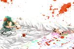  annoyed aqua_hair bad_id bad_pixiv_id bare_shoulders blood blood_stain checkered checkered_floor flower green_eyes hair_flower hair_ornament hatsune_miku long_hair lying minatsuki_(lapislazzuli169) naked_sheet petals red_flower red_rose rose rose_petals skull solo twintails vocaloid 