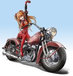  arm_up blue_eyes bodysuit foreshortening gradient gradient_background ground_vehicle hair_ornament long_hair motor_vehicle motorcycle neon_genesis_evangelion one_eye_closed open_mouth orange_hair plugsuit rebuild_of_evangelion shadow shikinami_asuka_langley simple_background sitting solo souryuu_asuka_langley stretch tetrapod_(youhei_1985) 