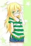  adjusting_eyewear bespectacled blonde_hair blush casual flower giwa glasses green_eyes highres hoshii_miki idolmaster idolmaster_(classic) jewelry long_hair necklace shorts 