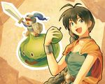  ahoge animal apple bad_id bad_pixiv_id belt bianca bianca_(cosplay) blue_eyes braid brown_hair cape cosplay crossover dragon_quest dragon_quest_v earrings food fruit ganaha_hibiki green_apple hamster hamuzou holding holding_food holding_fruit idolmaster idolmaster_(classic) jewelry long_hair om_(carbohydratism) open_mouth shield slime_(dragon_quest) smile sword weapon 