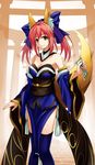  absurdres animal_ears bare_shoulders blue_legwear breasts cleavage detached_sleeves fate/extra fate_(series) fox_ears fox_tail hair_ribbon highres japanese_clothes large_breasts pink_hair rhy1356 ribbon solo tail tamamo_(fate)_(all) tamamo_no_mae_(fate) thighhighs twintails yellow_eyes 
