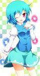  blue_hair creta_(taku10) hand_on_own_chest highres one_eye_closed open_mouth pink_eyes red_eyes skirt solo tatara_kogasa touhou 