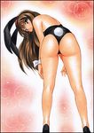  animal_ears ass bare_legs brown_eyes brown_hair bunny_ears bunny_tail bunnysuit kneepits long_hair looking_back original solo tail traditional_media wrist_cuffs yadokari_genpachirou 