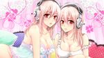  apron blush breasts cleavage dual_persona headphones highres large_breasts lingerie miyoshi_(m178) multiple_girls naked_apron nitroplus off_shoulder pink_hair red_eyes super_sonico underwear 