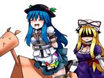  arms_behind_back bdsm blonde_hair blue_hair blush bondage bound bound_legs box_tie breast_bondage breasts drooling female femdom femsub hat hinanawi_tenshi lili_(artist) lilish masochist open_mouth saliva shibari smile tears torture touhou wooden_horse 