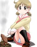  1girl artist_request bangs blush brown_eyes brown_hair cameltoe character_request highres looking_at_viewer miniskirt nichijou no_nose panties pantyshot pantyshot_(sitting) pixiv_manga_sample pleated_skirt resized rokushaku_neko sakurai_izumi school_uniform short_hair short_twintails simple_background sitting skirt smile solo teenage twintails underwear upskirt younger 