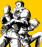  2boys android cross gloves k&#039; k' king_of_fighters male male_focus maxima monochrome multiple_boys short_hair simple_background smile snk 
