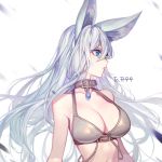  1girl animal_ears blue_eyes breasts bright_pupils chyan cleavage collar destiny_child hair_between_eyes highres jewelry large_breasts long_hair looking_away moonlight_warwolf_(destiny_child) navel parted_lips pendant profile solo white_hair 