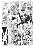  akemi_homura battle blood blood_in_mouth buckler comic dress greyscale gun hairband hat injury long_hair magical_girl mahou_shoujo_madoka_magica mahou_shoujo_oriko_magica mikuni_oriko monochrome multiple_girls nobita pantyhose shield sphere weapon 