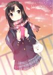  bad_id bad_pixiv_id bag black_hair blush checkered checkered_skirt fence french hair_ornament hairpin holding jacket lights original plaid plaid_scarf plaid_skirt pun2 purple_eyes red_sky scarf school_uniform shirt shopping_bag shoulder_bag skirt sky solo stuffed_toy 