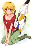  aircraft bad_id bad_pixiv_id belt blonde_hair blush boots breasts brown_eyes cagalli_yula_athha cleavage collarbone dog_tags gundam gundam_seed highres kneeling medium_breasts saijou_hirokazu short_hair skygrasper v_arms 