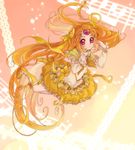  beamed_eighth_notes blonde_hair boots bow bubble_skirt choker cure_muse_(yellow) eyelashes gradient gradient_background kamabo_ko lace long_hair magical_girl musical_note orange_(color) orange_background precure red_eyes shirabe_ako skirt solo staff_(music) suite_precure yellow_background yellow_bow yellow_choker yellow_skirt 