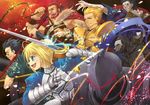  6+boys ahoge armor artoria_pendragon_(all) assassin_(fate/zero) beard berserker_(fate/zero) black_hair blonde_hair blue_eyes blue_hair cape caster_(fate/zero) facial_hair fate/zero fate_(series) full_armor gauntlets gilgamesh green_eyes helmet lancer_(fate/zero) mask mole multiple_boys multiple_girls polearm red_eyes red_hair ribbon rider_(fate/zero) sa_(hoh) saber sword weapon yellow_eyes 