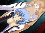  1girl all_fours ayanami_rei bent_over blue_hair blush clothed_female_nude_male cum ejaculation neon_genesis_evangelion penis red_eyes sex short_hair top-down_bottom-up vaginal 