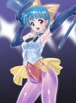  armpits bow cane dodai_shouji earrings elbow_gloves gloves green_hair hat hat_removed headwear_removed jewelry kazuki_mai leotard magical_emi mahou_no_star_magical_emi open_mouth pantyhose red_leotard short_hair solo top_hat very_short_hair yellow_bow 