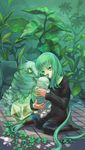  bad_id bad_pixiv_id black_legwear cat green_eyes green_hair hatsune_miku long_hair nature pantyhose sitting smile solo ta-to_(sprout) very_long_hair vocaloid 