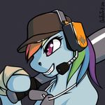  baseball_bat baseball_cap blue blue_body chazcatrix crossover dog_tags equine female friendship_is_magic hair hat headphones headset horse mammal multi-colored_hair my_little_pony pony rainbow_dash_(mlp) scout_(team_fortress_2) solo team_fortress_2 video_games weapon 