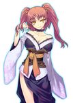  adapted_costume bare_shoulders breasts choker cleavage hair_bobbles hair_ornament hand_in_hair jewelry jonylaser large_breasts onozuka_komachi red_hair ring smile solo touhou two_side_up yellow_eyes 