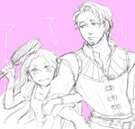  1girl flynn_rider frying_pan graphite_(medium) height_difference kanaharu_0401 long_hair monochrome rapunzel_(disney) tangled traditional_media 