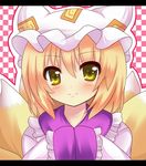  blonde_hair fox_tail hands_in_opposite_sleeves hat multiple_tails shinekalta solo tail touhou yakumo_ran yellow_eyes 