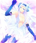  ahoge angel_(fairy_tail) blue_eyes breasts cleavage fairy_tail feathers gloves headband legwear stockings tattoo thighhighs 