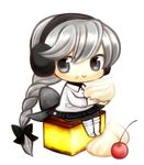  braid cherry chibi earmuffs food food_on_face fruit grey_eyes grey_hair long_hair minigirl pudding sekka_yufu single_braid skirt smile solo tsunoyomogi_amahashi utau whipped_cream 