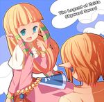  1girl blonde_hair blue_eyes bracelet cloud copyright_name day earrings jewelry kashiwa_(hariru128) link long_hair pointy_ears princess_zelda smile the_legend_of_zelda the_legend_of_zelda:_skyward_sword 