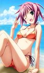  ;d arm_support baldr_sky beach bikini breasts brown_eyes cleavage cloud covered_nipples crossed_legs day highres kikuchi_seiji medium_breasts midriff nagisa_chinatsu ocean one_eye_closed open_mouth outdoors pink_hair short_hair side-tie_bikini sitting smile solo swimsuit wet 