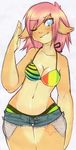  blue_eyes breasts canine cleavage clothed clothing cute dog female hair hensa mammal one_eye_closed pink_hair plain_background skimpy solo swimsuit waitress_(artist) white_background 