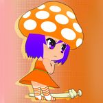  belt blush dress full_body gdgd_fairies haruyama_kazunori korokoro mushroom_hat orange_background orange_dress purple_eyes purple_hair simple_background solo standing tareme 