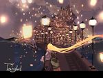  1girl absurdly_long_hair blonde_hair castle copyright_name floating_hair flynn_rider from_behind gori_matsu lamppost lantern long_hair night rapunzel_(disney) scenery ship sitting sky_lantern tangled very_long_hair watercraft 