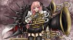  armor astolfo_(fate) black_legwear black_ribbon braid cape fang fate/apocrypha fate/stay_night fate_(series) faulds fur_trim garter_straps garters gauntlets hair_ribbon highres holding horn_(instrument) hozenkakari instrument la_black_luna long_hair looking_at_viewer male_focus open_mouth otoko_no_ko pink_hair purple_eyes ribbon side_braid simple_background single_braid skeleton skirt smile solo thighhighs 