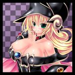  bare_shoulders black_gloves blonde_hair blue_gloves blush breasts choker cleavage collarbone duel_monster fingerless_gloves gloves green_eyes hat hexagram jewelry kogarashi_(wind_of_winter) large_breasts long_hair magi_magi_magician_gal necklace pentacle smile solo star upper_body witch_hat wizard_hat yuu-gi-ou yuu-gi-ou_duel_monsters yuu-gi-ou_zexal 