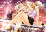  adjusting_hair armpits bare_shoulders barefoot blonde_hair blue_eyes blush boku_wa_tomodachi_ga_sukunai breasts bug building butterfly butterfly_hair_ornament casual city crossed_legs feet frills hair_ornament halterneck hatsuyuki_(trequarti) high_heels insect kashiwazaki_sena legs lens_flare long_hair medium_breasts midriff miniskirt navel open_toe_shoes panties pantyshot pantyshot_(sitting) sandals scrunchie shoe_dangle shoes sitting skirt skyscraper solo strapless tubetop underwear 