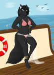 at bikini canine clothed clothing female jewelry looking looking_at_viewer mammal mia_ishata mia_ishata(character) sea seagull seagulls ship skimpy skirt solo sunset swimsuit tail tight_clothing translucent viewer water wolf 