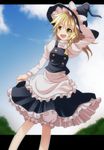  apron bad_id bad_pixiv_id black_dress blonde_hair bloomers blue_sky braid cloud day dress hair_ribbon hand_on_headwear hat hat_ribbon highres kirisame_marisa letterboxed open_mouth ribbon s-syogo sky smile solo touhou underwear witch_hat yellow_eyes 