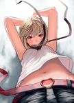  belt blonde_hair brown_eyes highres midriff navel original perspective short_hair solo upshirt zerogyakuten 